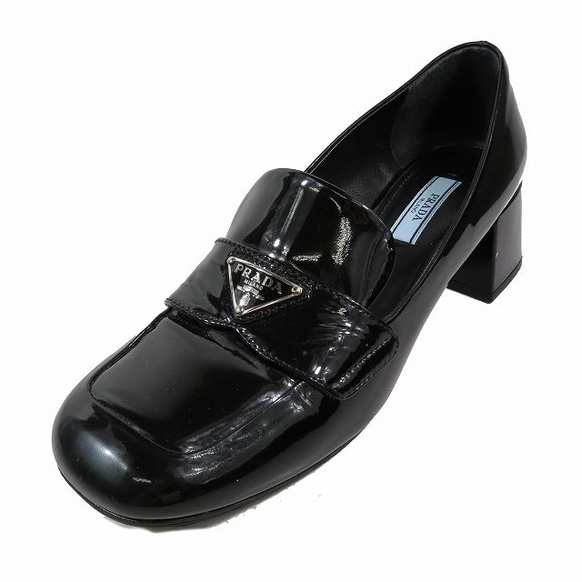美品 プラダ 三角ロゴ パテント レザー ローファー パンプス チャンキーヒール プラダ PRADA エナメル パテント ローファー トライアングルロゴ
