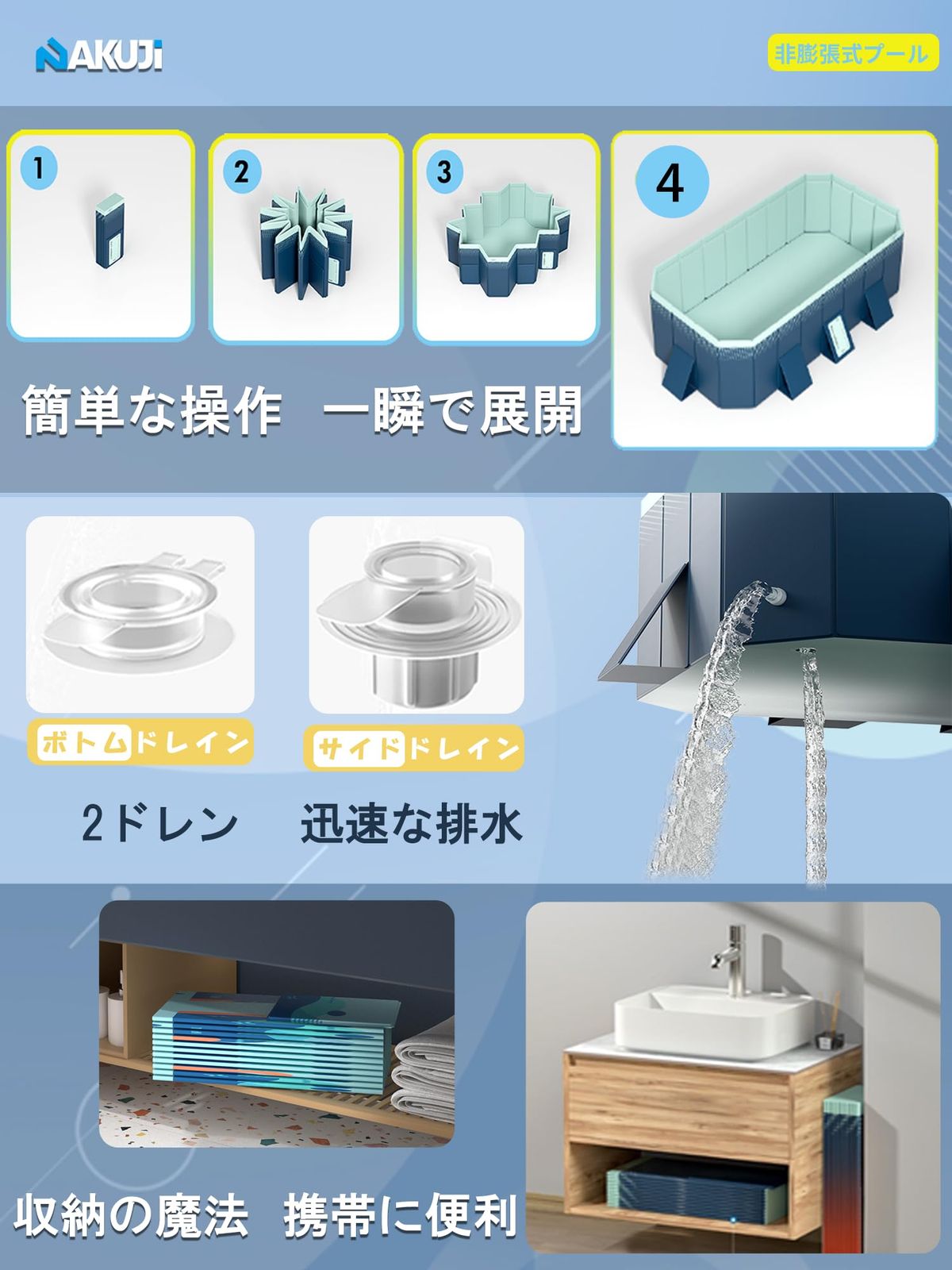 在庫処分 ビニールプール 大型 組み立て不要 収納便利 折りたたみ 簡単な排水 子供用 空気入れ不要 家庭用 非膨張式 プール 屋内用|アウトドア用 猛暑対策 2025新改良 水遊び 日本語説明書付き NAKUJI 外径210*140*50CM 内径18