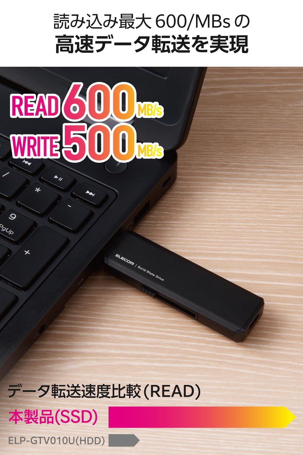 エレコム 外付けSSD 500GB USB3.2 Gen2 対応 スライド式 Type-C|Type-A コネクタ iPhone|iPad 対応 ブラック ESD-EAWA0500GBK