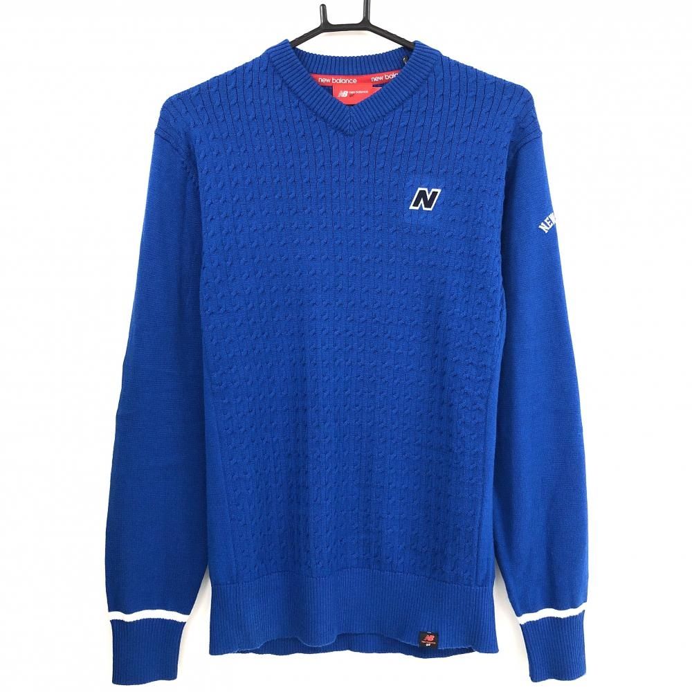 超 ニューバランスゴルフ セーター ブルー×白 ケーブル編み ニット ウール混 Vネック メンズ 4 M ゴルフウェア New Balance