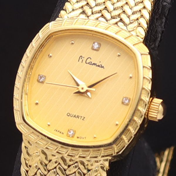 稼働 良品 ピ カミアン QZ L-7701 石付 ゴールド系文字盤 レディース腕時計 YSD