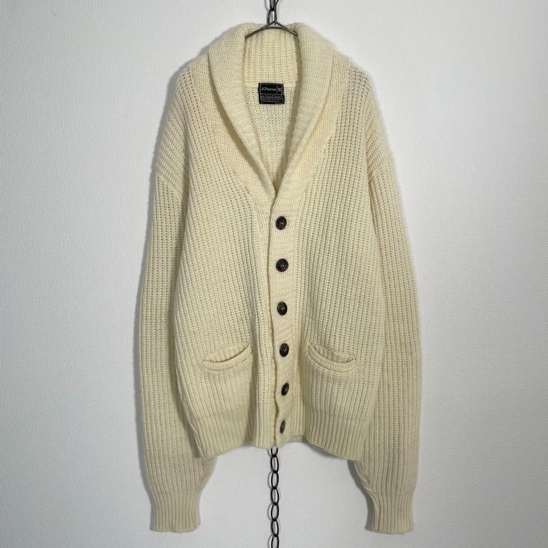 USA 70s JCPenny ショールカラー リブニット カーディガン ホワイト XLサイズ