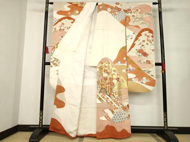 平和屋着物○豪華振袖 駒刺繍 御所車花文 金彩 正絹 逸品 AABB3818ck 平和