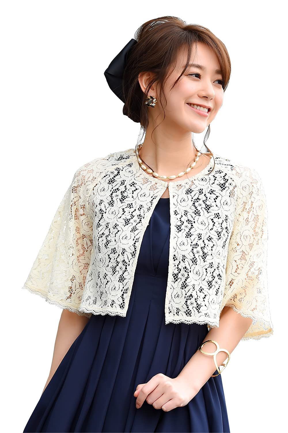Size S_Color アイボリー W ルイ ルエ ブティック フラワーレース ケープ ボレロ レディース ミセス 結婚式 カーディガン 大きいサイズ ドレス カジュアル 半袖 七分袖 オールシーズン スリム レース フォーマル 通勤 お出かけ お呼ば