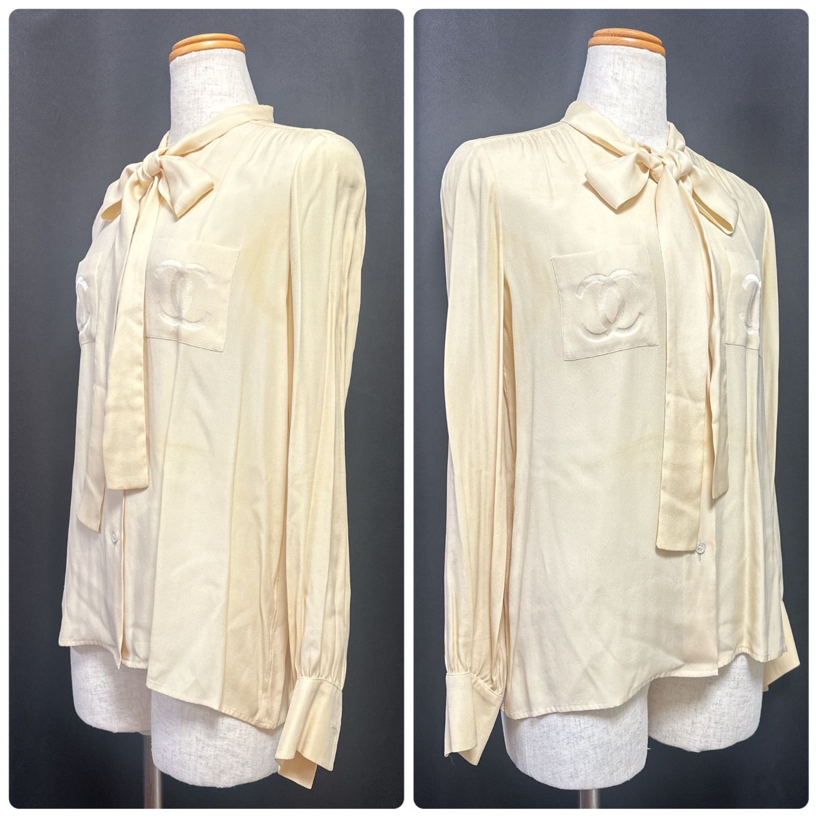 フランス製 CHANEL シャネル ココマーク シルク系 シフォン ボウタイ