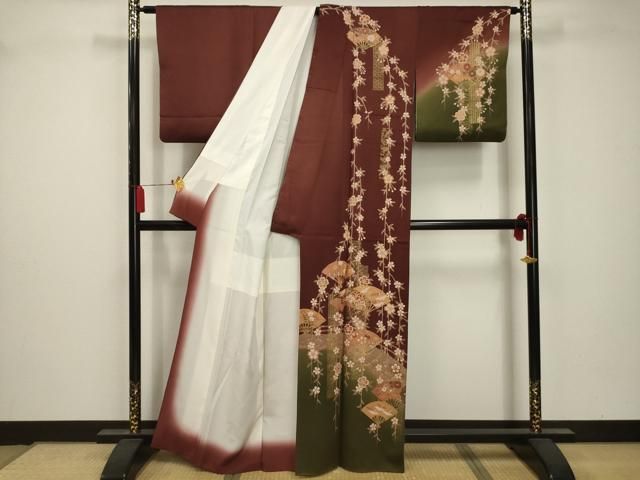 平和屋着物□訪問着 渡橋扇面飛鶴花文 暈し染め 金彩 正絹 逸品