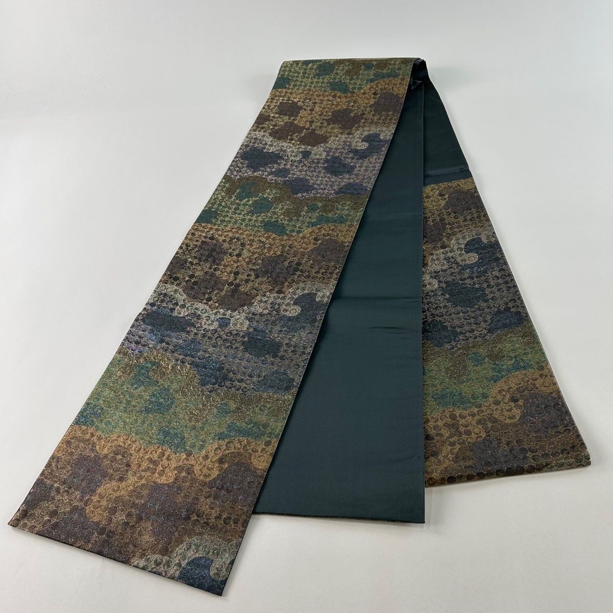 袋帯 美品 名品 落款 コシノヒロコ 丸 幾何学 箔 ラメ箔 青緑 六通 