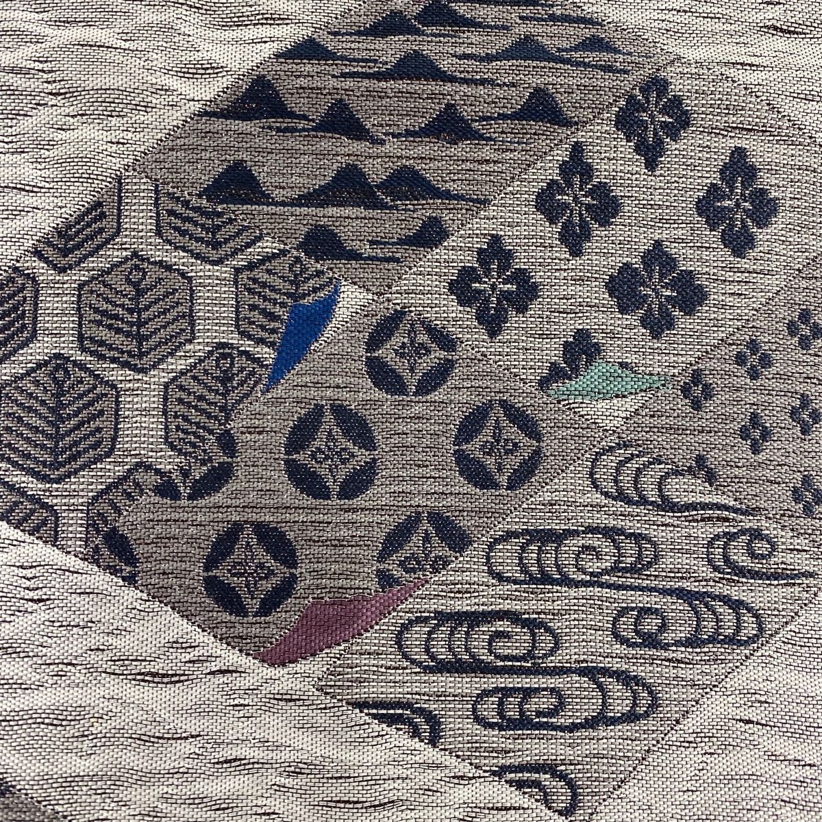 袋帯 秀品 花 七宝 箔 銀糸 灰色 六通 正絹