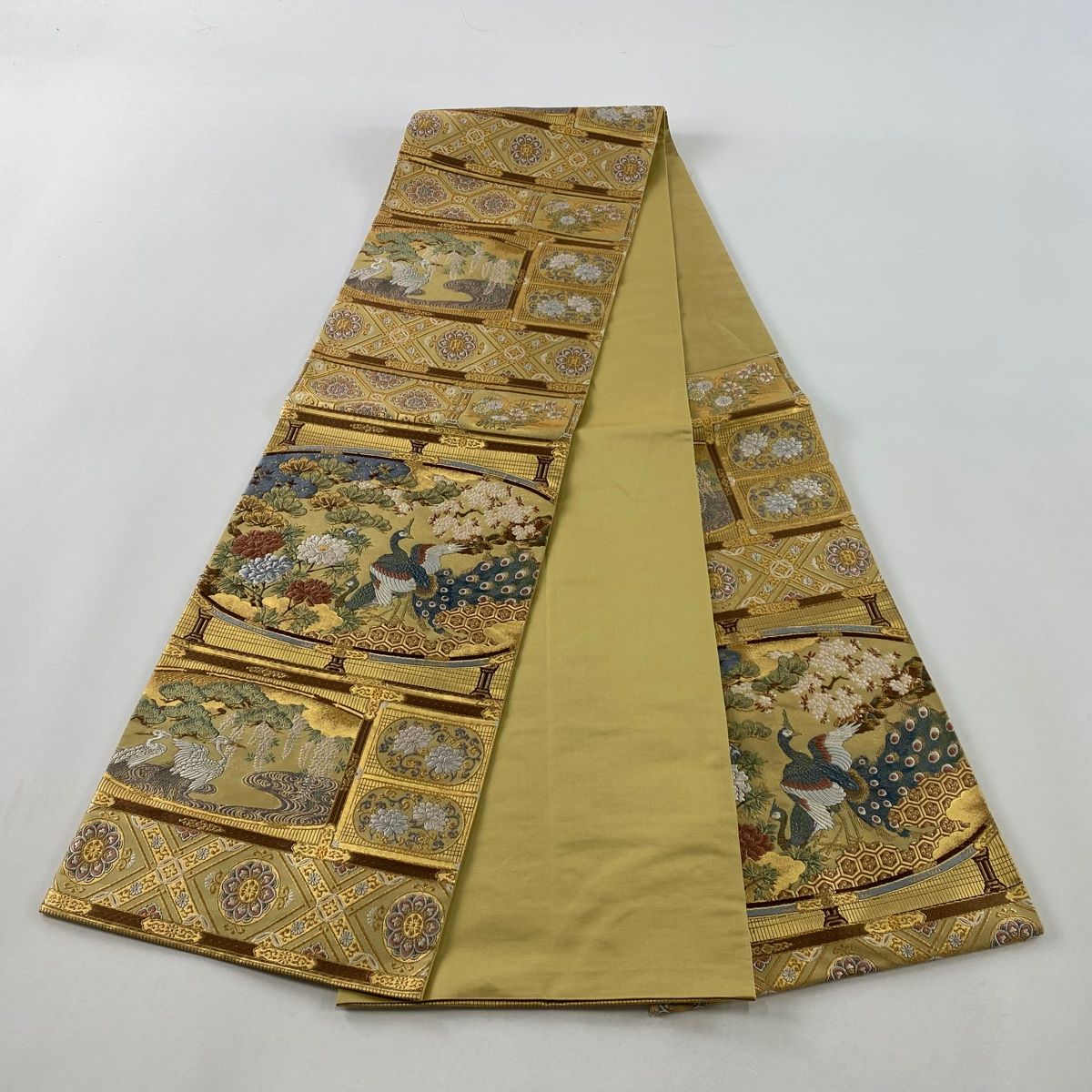 競ナビ】袋帯 美品 秀品 華文 鳥 金糸 箔 金色 六通 正絹 【中古】