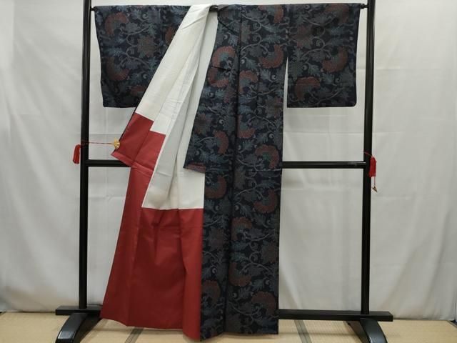 平和屋着物▽上質な紬 単衣 草花文 正絹 逸品 AAAZ2360jh