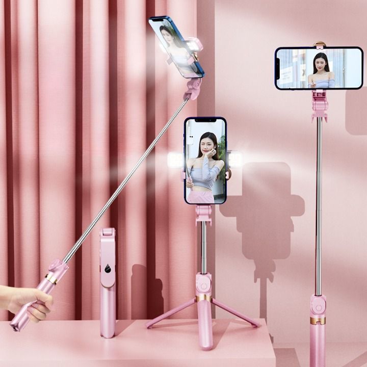 ワイヤレス自撮り棒 ダブルフラッシュ付き 三脚 ピンク - メルカリ