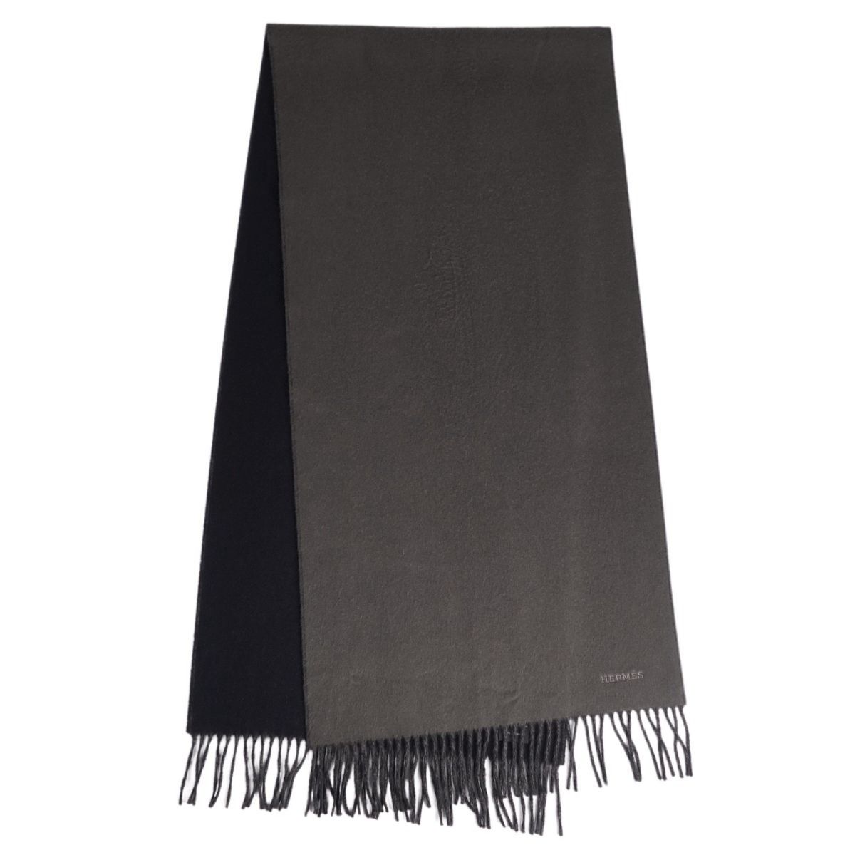 【美品】エルメス　カシミア　マフラー　刺繍　フリンジ　グレー 美品】エルメス カシミア マフラー 刺繍 フリンジ グレー 極美品