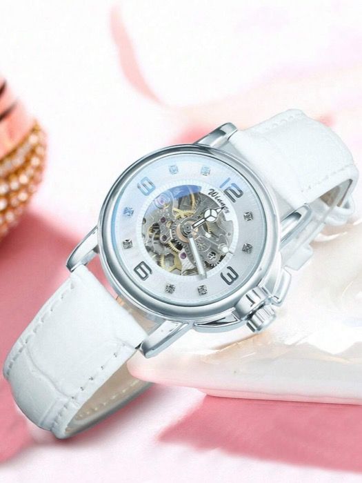 腕時計 レディース 機械式 - 1個 ファッション エレガントな自動巻き機械式腕時計 レディース アイスダイヤル ルミナスハンド ホワイトレザーベルト ビジネスカジュアル ブランド 贈り物 ボックス付き