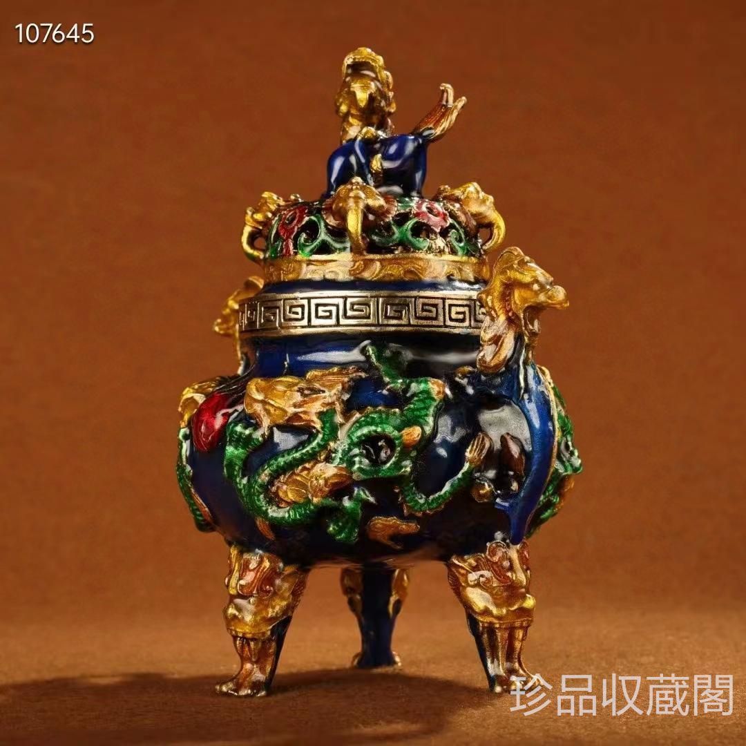 銅胎景泰藍・琺琅彩・二龍戲竹珠紋・獅子香爐・熏香爐・仏具・置物