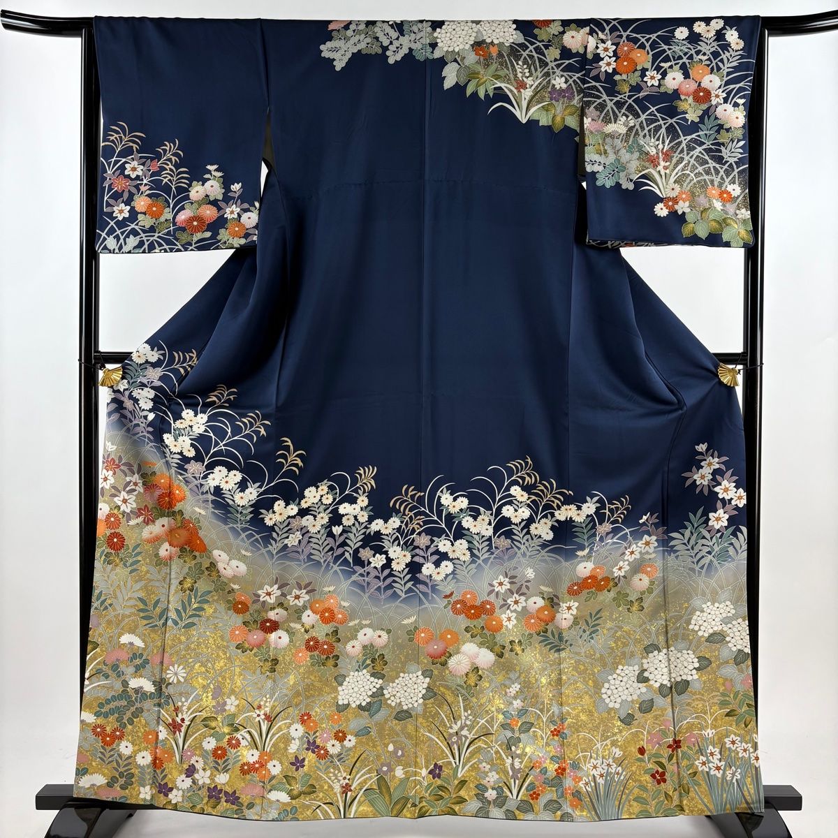 訪問着 身丈162cm 裄丈64cm M 袷 草花 金糸 金彩 紺色 正絹 秀品