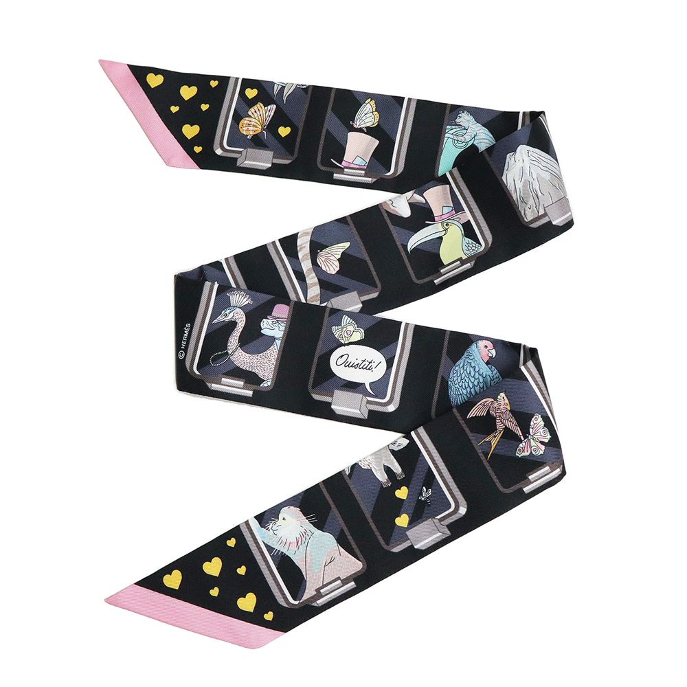 エルメス ツイリー 首輪と犬 シルク ブラック ホワイト ゴールド