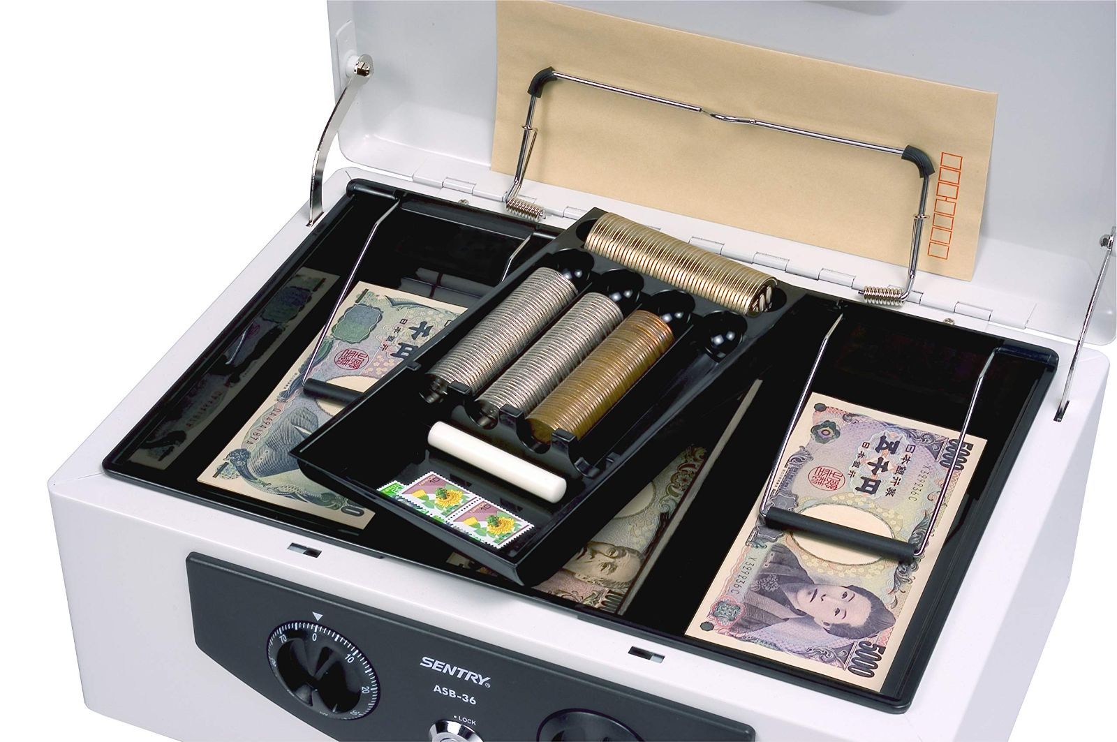 海外ファッション通販。 Sentry セントリー SENTRY金庫 手提げ金庫 小型 キャッシュボックス 収納ボックス 鍵付き A4 ダイヤル キーロック コインケース ワンタッチオープン ライトグレー ASB-36