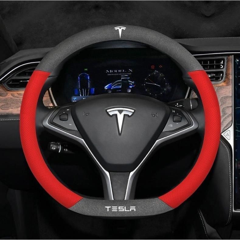 テスラ TESLAハンドルカバー ステアリングカバー ハンドル保護 コンパス 滑り止め 専車ロゴ 38CM D型レッド アルカンターラ調+レザー aaec qtm