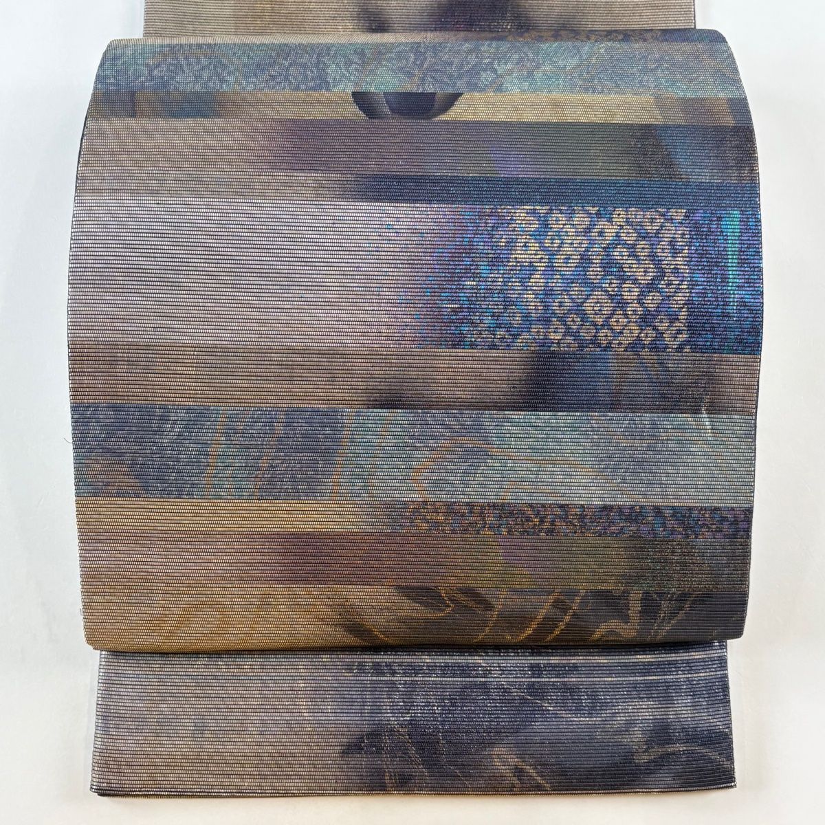 袋名古屋帯 秀品 横段 幾何学 金彩 箔 青紫 正絹