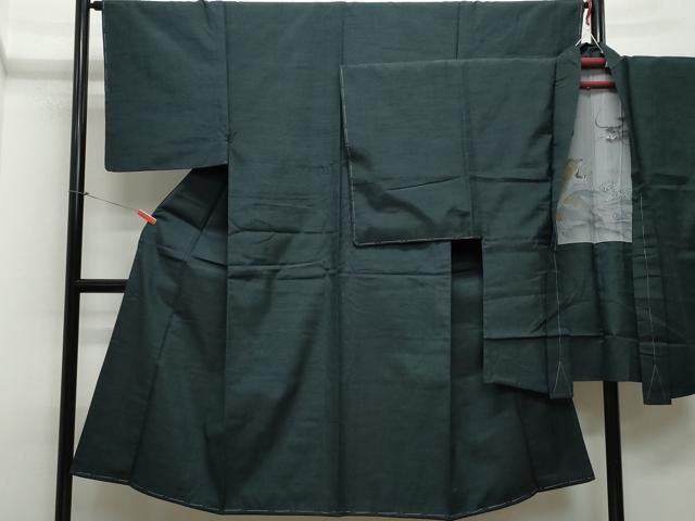 平和屋着物●男性 紬 アンサンブル 黒緑色 正絹 CAAR8228vf
