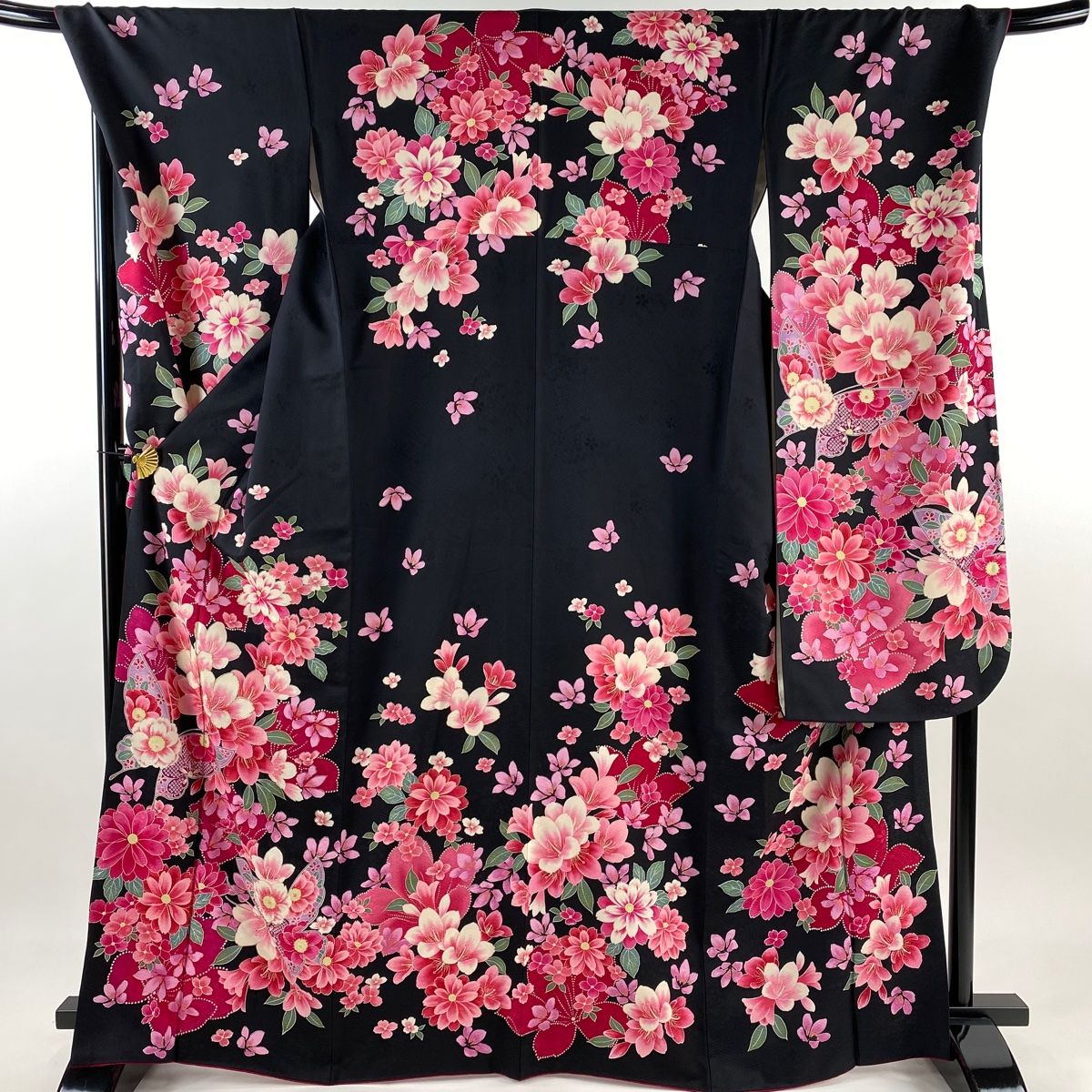振袖 身丈166.5cm 裄丈72cm L 袷 蝶 草花 箔 金銀彩 黒 正絹 美