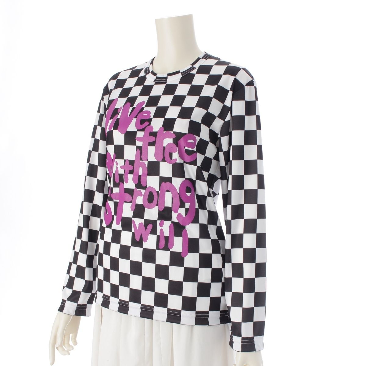 コムデギャルソン AD2025 メッセージプリント チェッカー カットソー RM-T025 ブラック×ホワイト×パープル XS