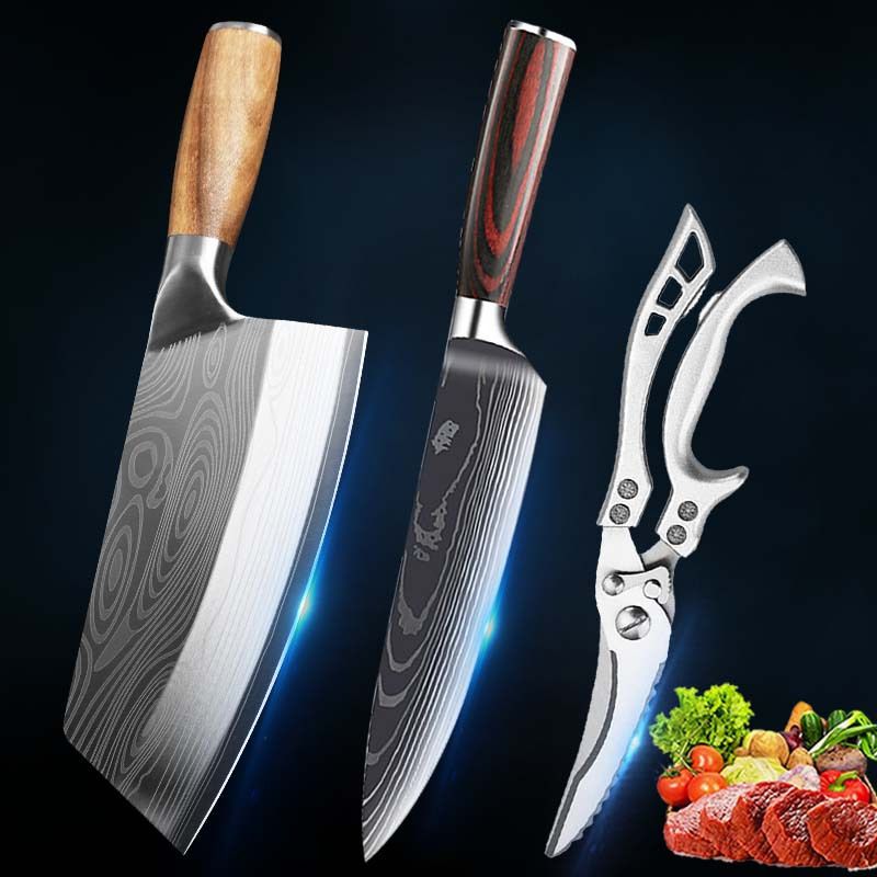 3個、キッチンシェフナイフセット、ステンレススチールユーティリティナイフ野菜フルーツカッター家庭用キッチン肉クレバーキッチンカッター肉果肉骨切りダックフィッシュカッター、キ