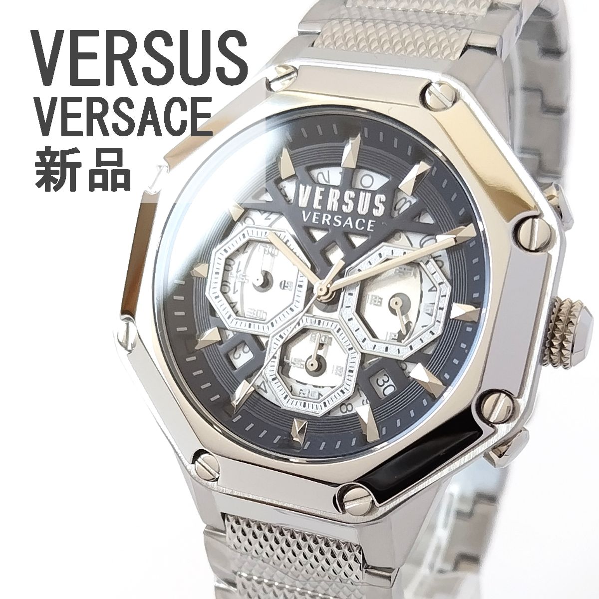 ネイビーシルバー新品オクタゴンかっこいいメンズ腕時計クォーツ紺  