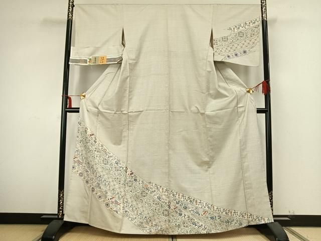 平和屋着物▽本場大島紬　訪問着　単衣　白大島　100亀甲　花鳥文　反端付き　正絹　逸品　AABA7721fy 平和屋着物▽本場大島紬 訪問着 単衣 白大島 100亀甲 花鳥文 反端付き