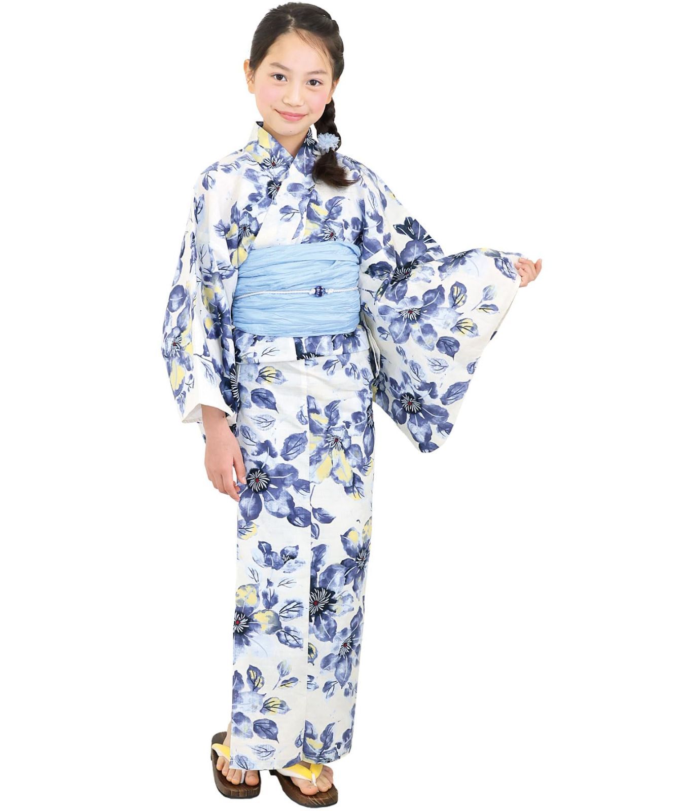 [ニシキ] 浴衣 ２点セット 浴衣+帯 女の子 子供用 お仕立て上がり 結び帯 兵児帯 花火大会 レトロ モダン 花柄 和柄 140cm 150cm