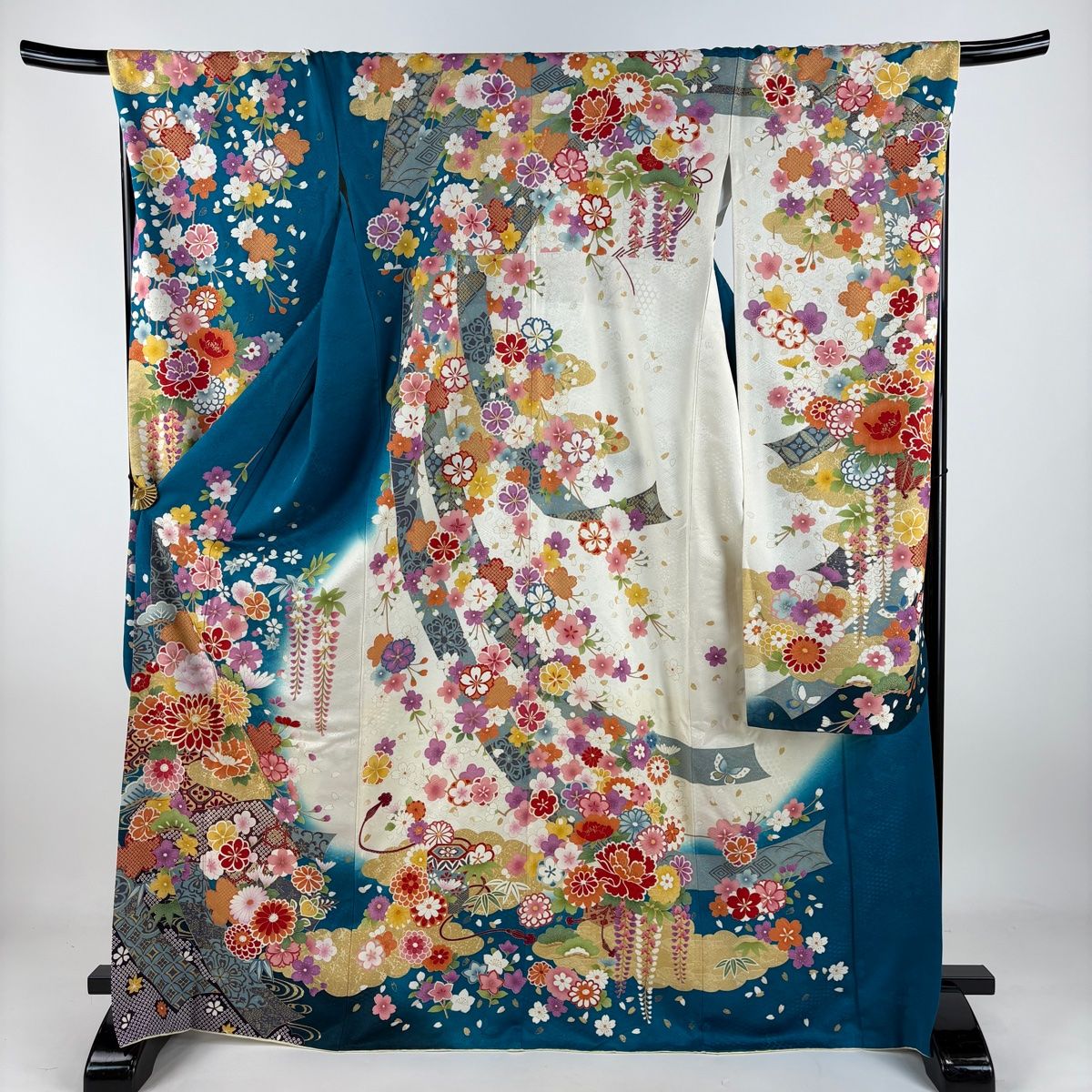 振袖 身丈169.5cm 裄丈70cm L 袷 菊 松竹梅 銀通し 金糸 青緑 正絹