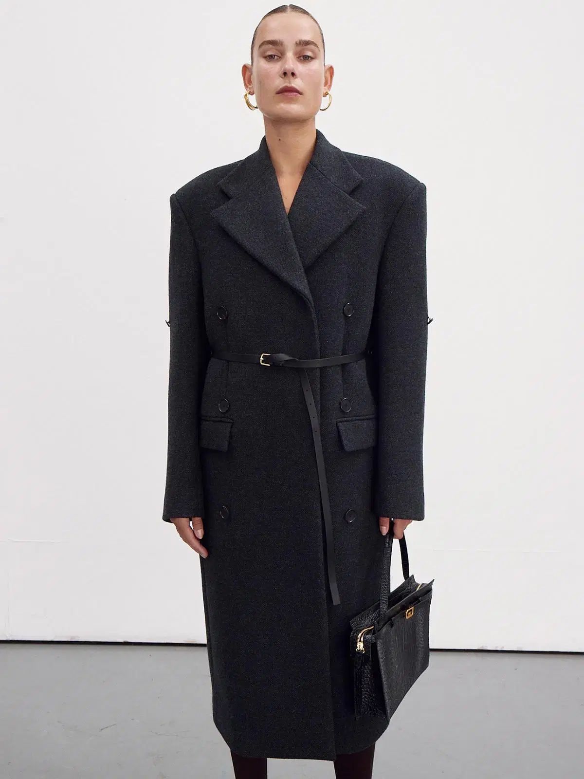 レクト ジヴェルニー フェルト ベルト ディテール ダブル ブレステッド コート ダークグレー GULLKHAN_COM