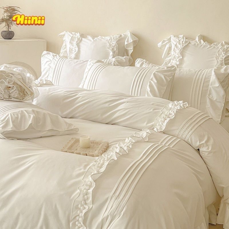 布団カバーセット スーパーソフトウォッシュドコットンエッジ ホワイトフリル付きカバーセット シングル ダブル クイーンサイズあり フレンチライト高級蓮の葉レース洗浄綿4点セットプリ