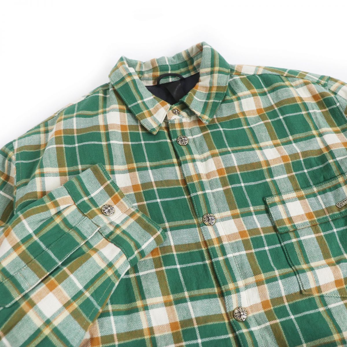 CHROME HEARTS クロムハーツ 22AW CH FLANNEL SHIRTS アームロゴ チェック柄 中綿 フランネルシャツ ジャケット スクロールラベル クロスボール キャラメル