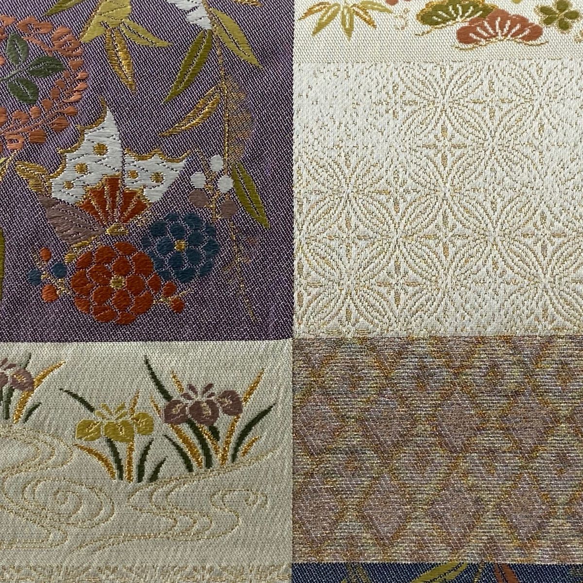 袋帯 美品 秀品 蝶 松竹梅 金糸 箔 灰白 六通 正絹 【中古