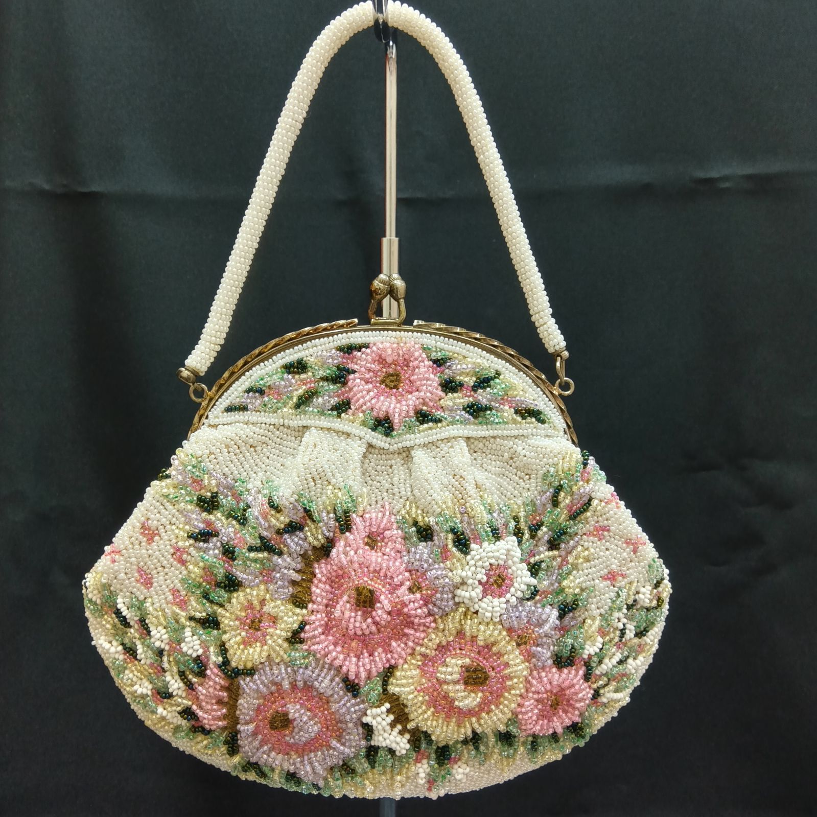 ヴィンテージ調◎昭和レトロ 希少レア 🔷 総柄 ビーズ刺繍バッグ ／ 花