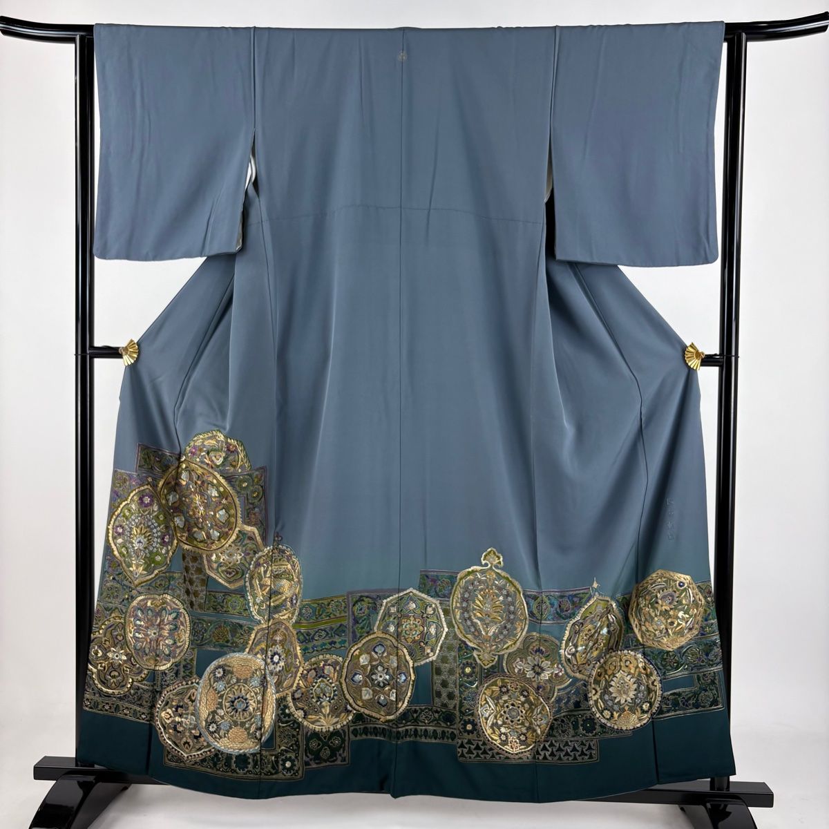 色留袖 身丈158.5cm 裄丈63cm S 袷 華文 草花 刺繍 金糸 青灰色 正絹 名品 一つ紋