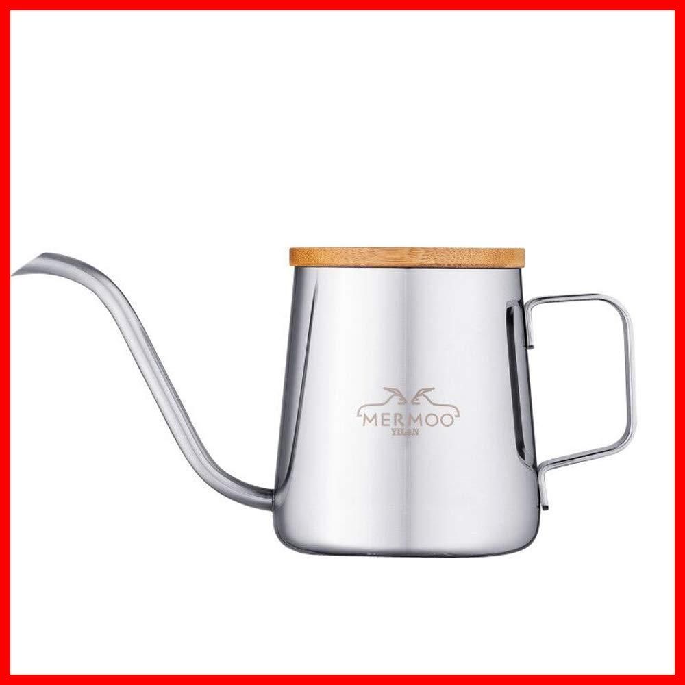 在庫処分 MERMOO YILAN コーヒーポット 1人 ドリップポット 350ml コーヒー ケトル 細口 ステンレス ドリップケトル 1杯 注ぐ コーヒー ドリップポット 竹製の蓋付き シルバー