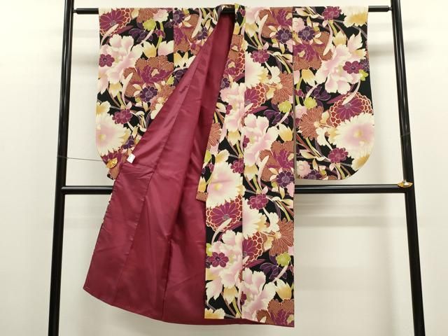 平和屋着物○撫松庵 七五三 女の子 7歳 祝着 四つ身 草花文 黒地