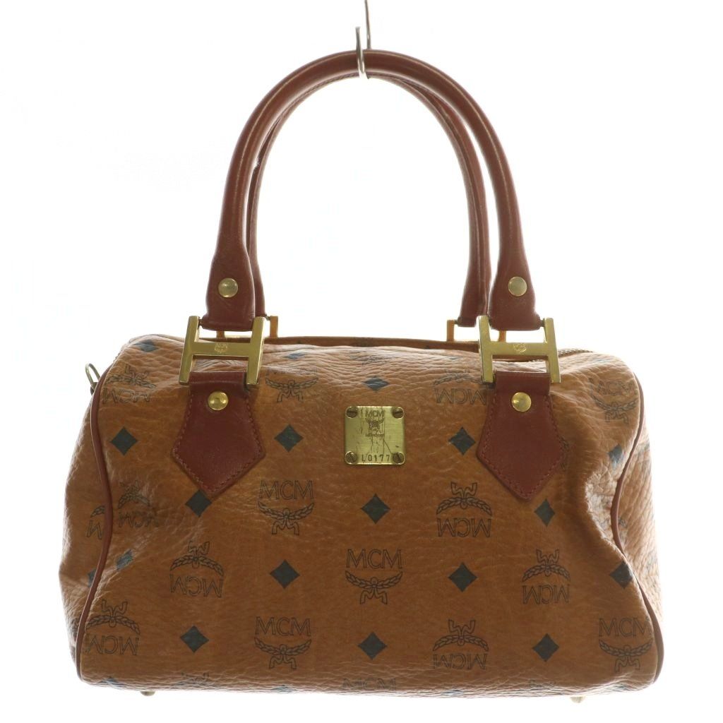 エムシーエム MCM ミニボストンバッグ ハンド ショルダー 2WAY レザー ヴィセトス柄 総柄 ロゴ ゴールド金具 茶色 ブラウン |XZ GY18