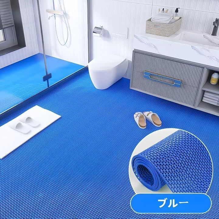 PANCY 業務用滑り止めマット PVC ゴムマット 歩行滑り止めマット 厚さ4.5mm 透水マット 穴あき 風呂マット プール下マット 玄関マット 屋外 抗菌 速乾 ブルー 1.2X10M