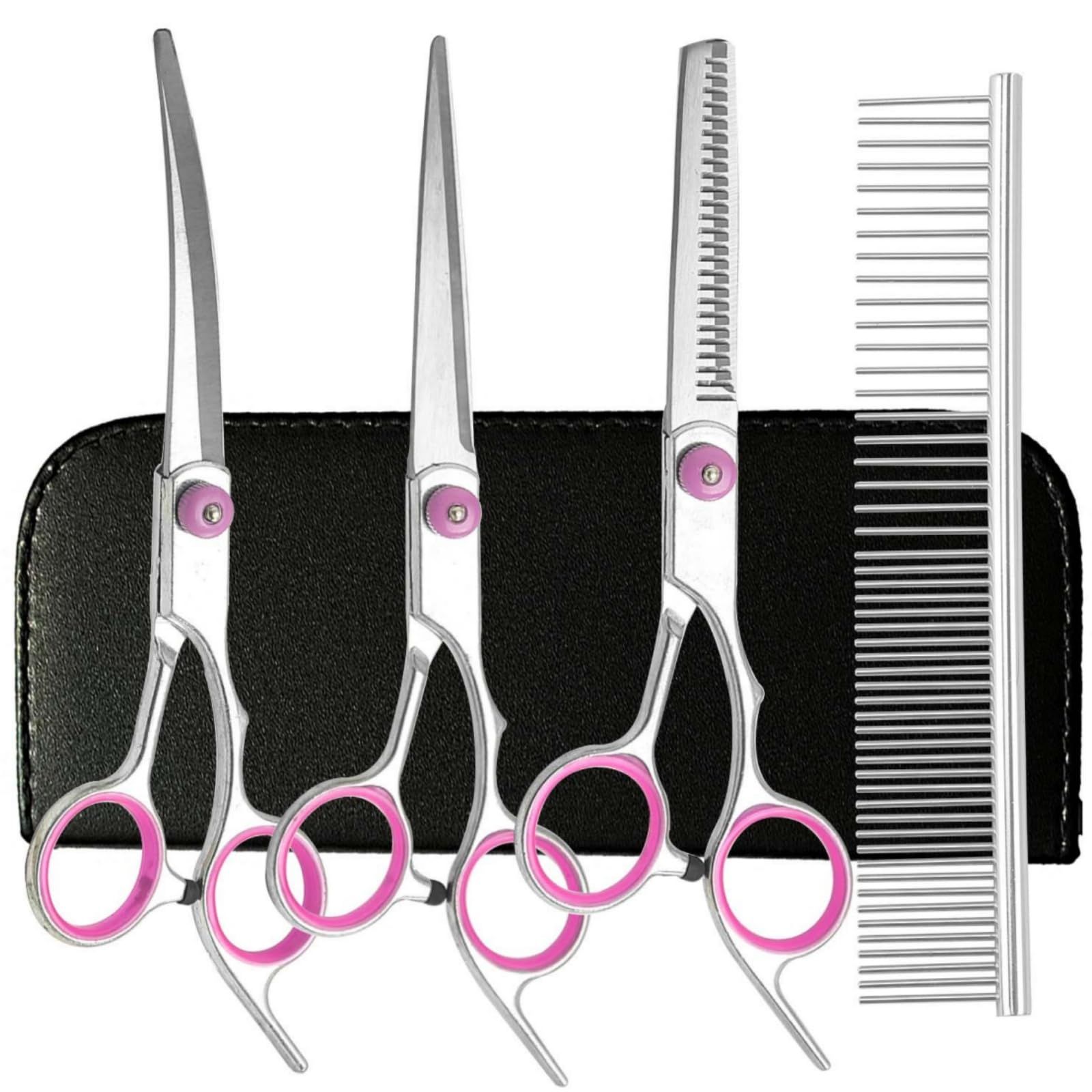 犬用グルーミングはさみ 犬用グルーミングはさみキット ペットトリミングセット ハサミ ペット用 鋭くて丈夫なペットグルーミングはさみ 犬と猫用 ストレートバサミ カーブバサミ 長い 短い毛用 ピンク
