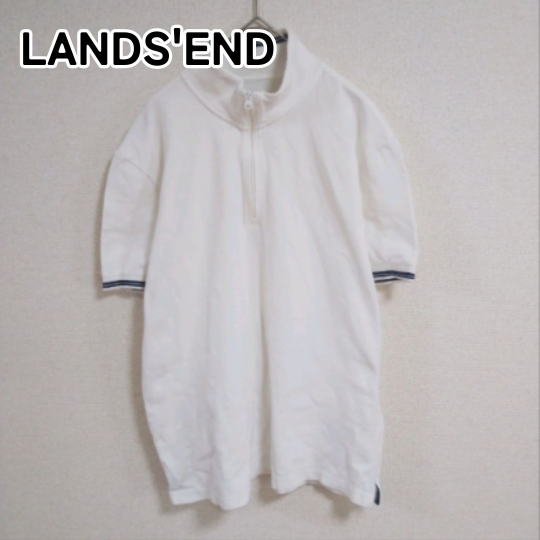 LANDS'END ランズエンド M ホワイト 半袖 カットソー ジッパー