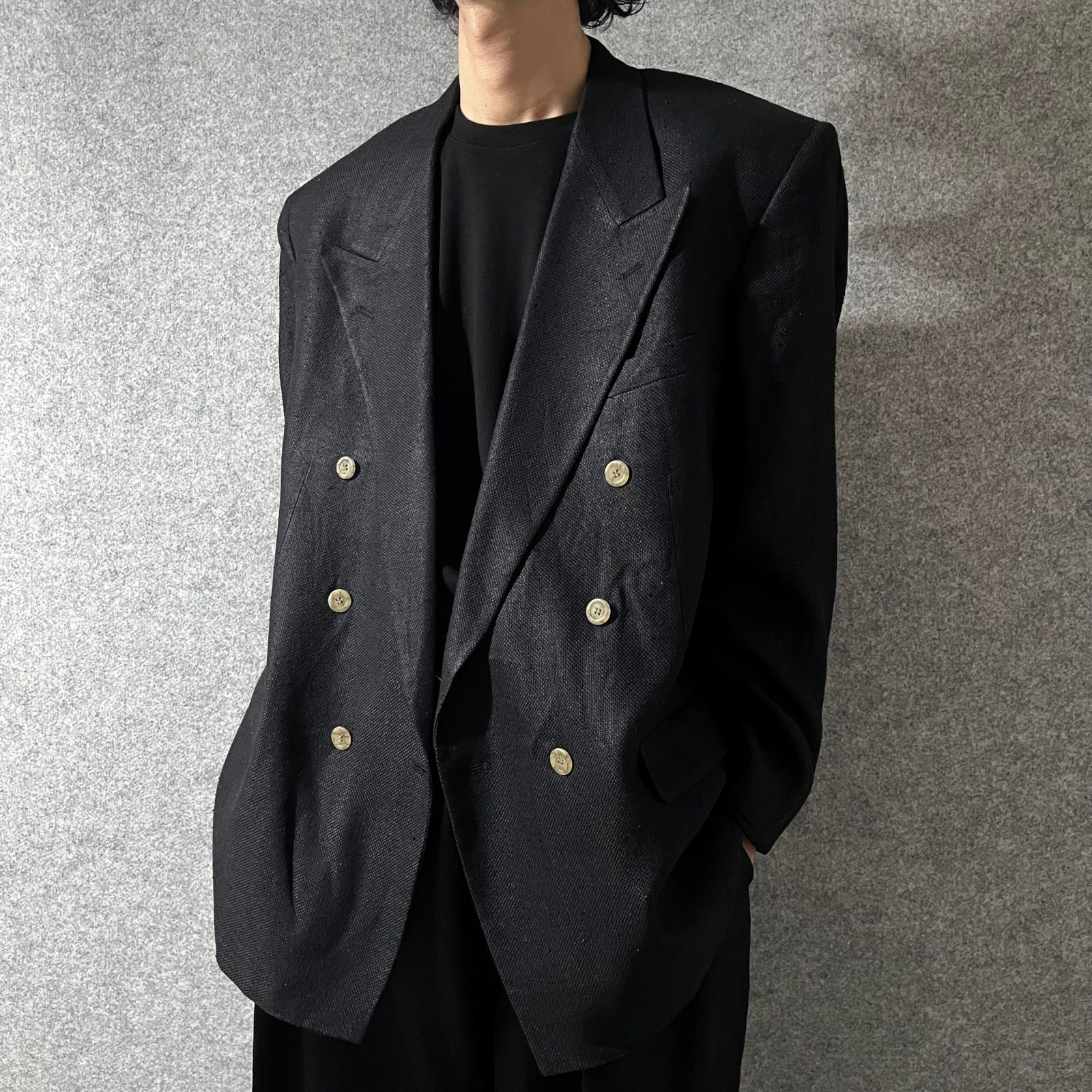 【vintage】シルク USA製 ダブルブレスト テーラードジャケット 黒