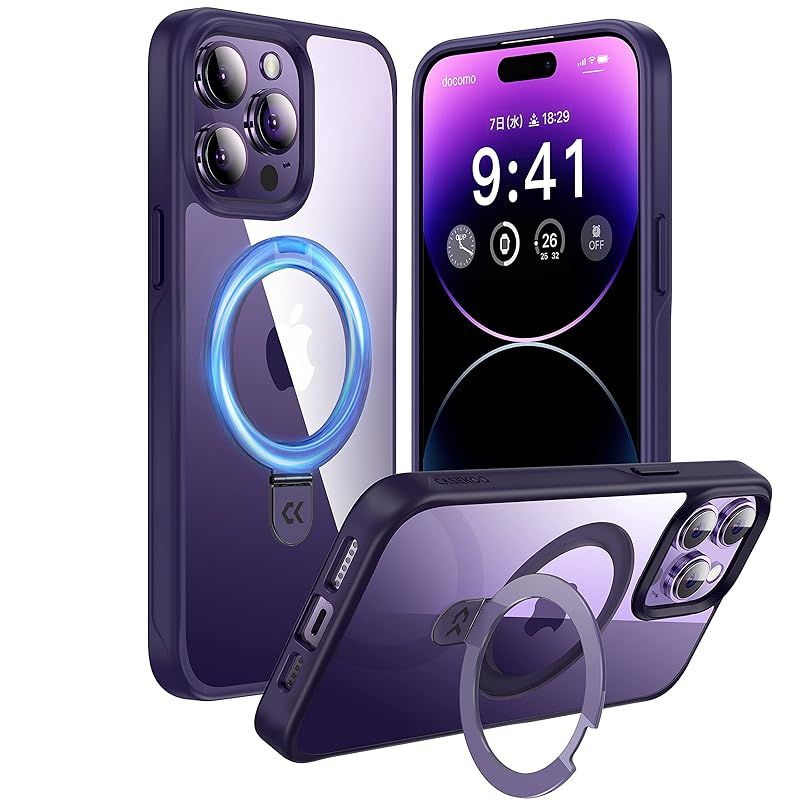 【極々透明感！内蔵4in1スタンド】CASEKOO iPhone 14 Pro ケース クリア 耐衝撃 米軍規格 ストラップホール付き カバー ワイヤレス充電対応 アイフォン 14 Pro 用 ケース（ディープパープル） 1