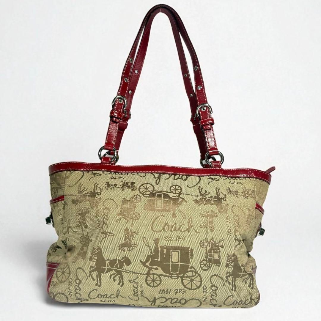 美品】COACH コーチ 馬車柄 キャンバス レザー トートバッグ