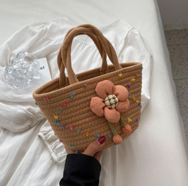 カゴバッグ ハンドバッグ クサ編み 花ストラップ mini 5色 出掛け[K](T