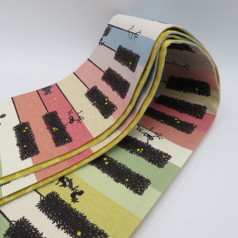 半幅帯 WAKKA ワッカ 動物 森と小鳥柄 正絹 レインボーxイエロー