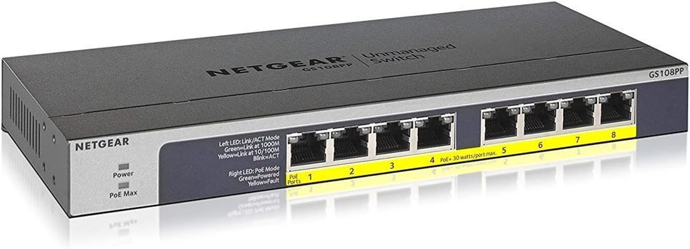 HY NETGEAR ネットギア GS108PP ギガビット 8ポート PoE スイッチングハブ アンマネージスイッチ 最大123W給電 ファンレス 静音設計 デスク 壁掛 ラック対応 送料無料 一部地域を除く HY003