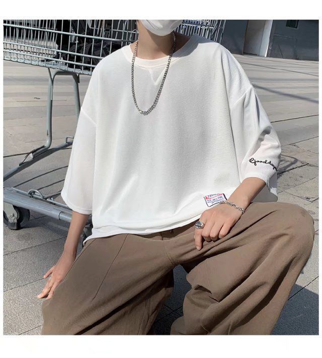 Tシャツ  メンズ 無地 袖刺繍 ルーズ ビッグシルエット 五分袖 トップス カジュアル ゆったり 半袖Tシャツ  無地 薄手 レイヤード 夏 夏服 ファッション fuhai30 thumbnail 3